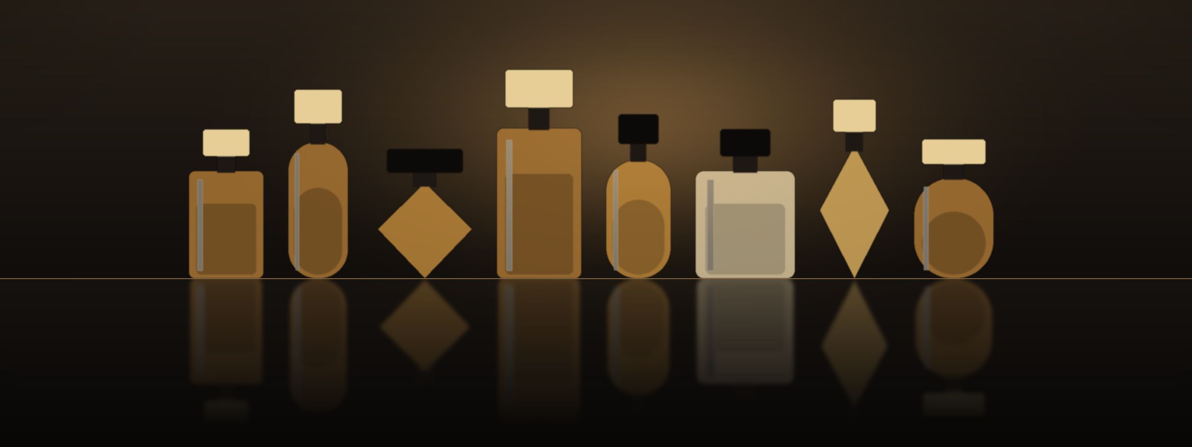 Row of unbranded perfume bottles on a reflective surface (illustration)