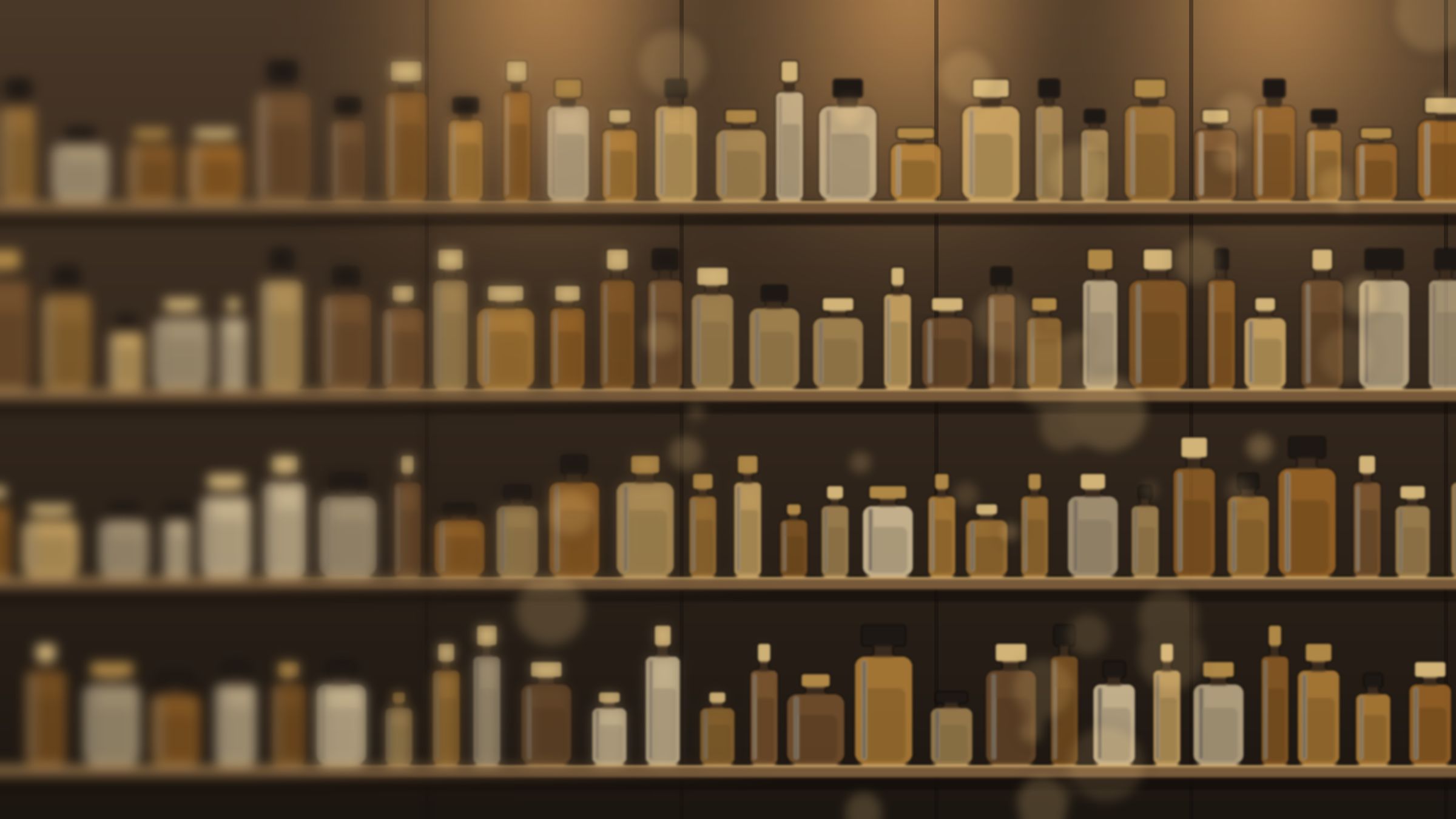 Softly lit shelves of perfume bottles (illustration)